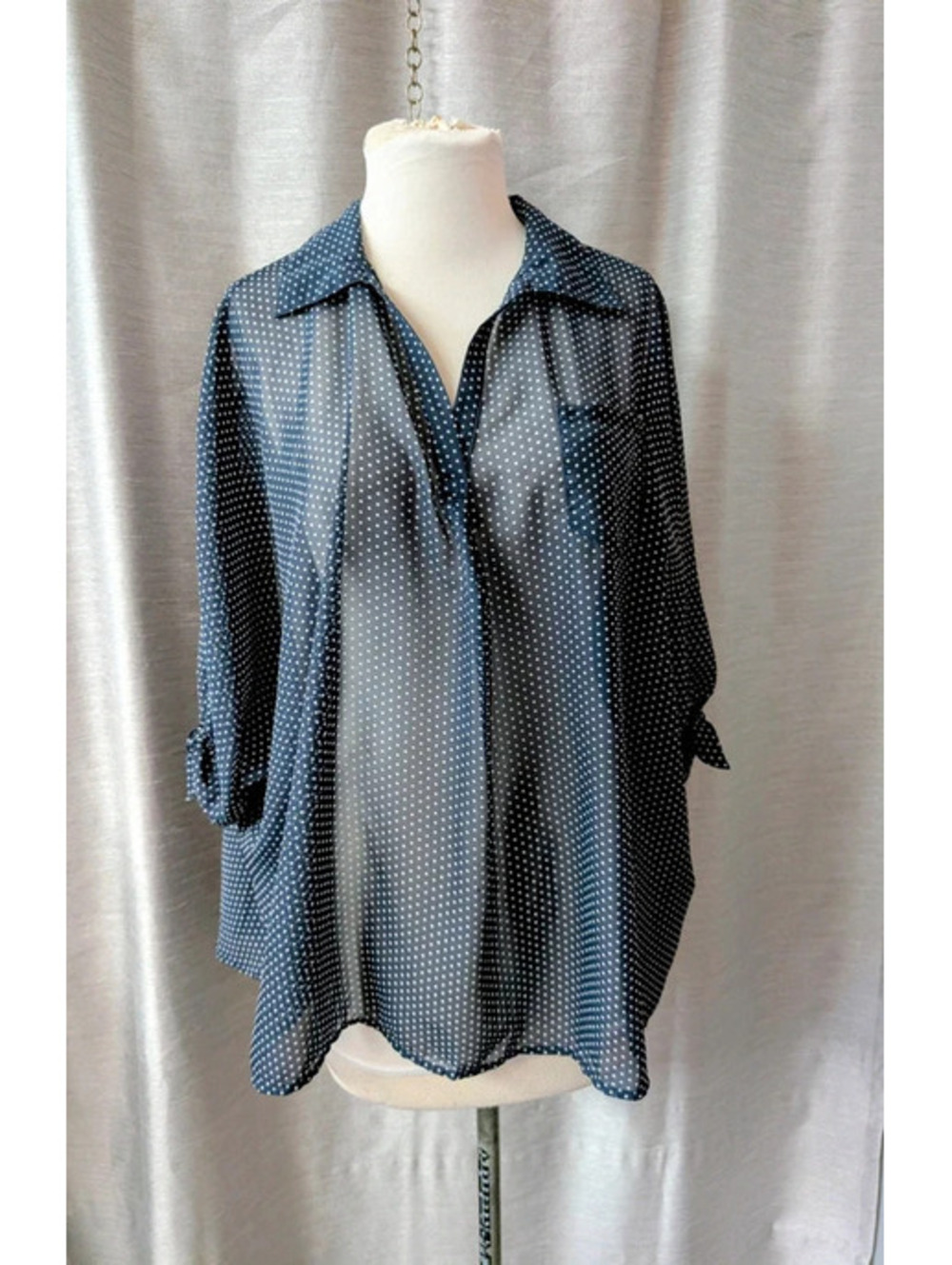 Navy White Polka Dot Chiffon Oversize Blouse L